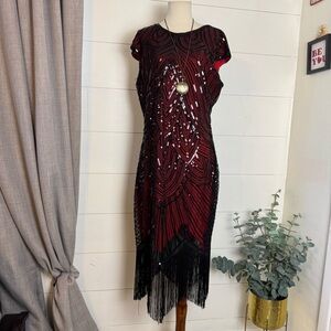 Generic 1920’s Sequin Fringe Flapper Evening Dress Red & Black & Accessories XL